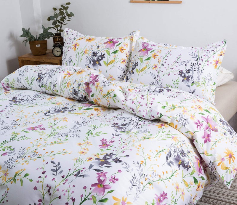 Eikei Windflower Bedding Bloomfield Floral Duvet Cover 3pc Set Cotton Botanical Nature Vines Branches Birds Butterflies Multicolored Flowers (Full/Queen, White) - Image 3